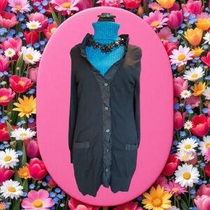 Elle Black V-Neck Ruffle Front Button Up Long Sleeve Cardigan Sweater Size S